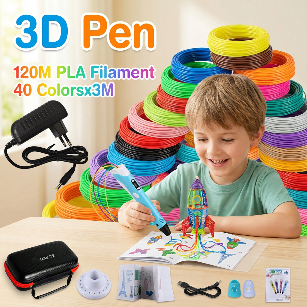 3D Printing Pen For Kids - 子供用3Dペン、3D描画印刷ペン、LCDスクリーン、電源アダプター、3M、40色PLAフィラメント付き、子供向けクリスマス誕生日DIYギフト