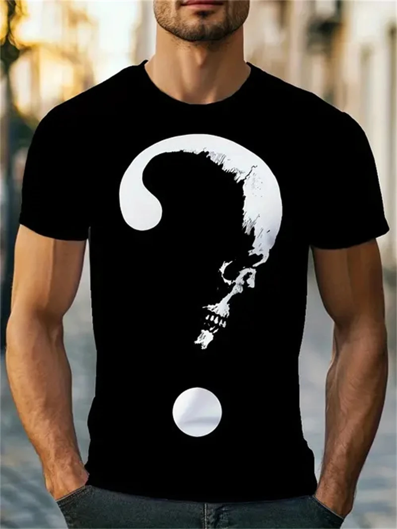 3D Printing Questions - メンズ ブラック スカル クエスチョンマーク プリント Tシャツ