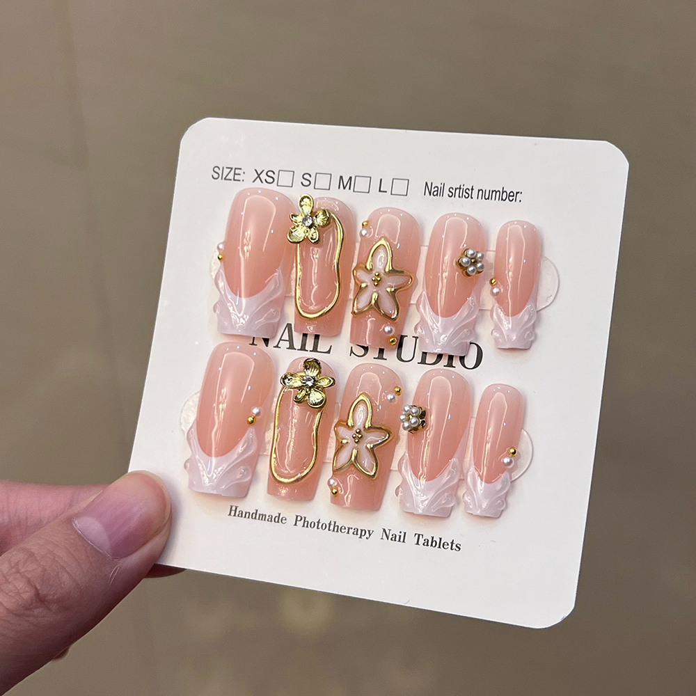 3D Printing Nails - 10個/セット 手作り中型アーモンド型3Dジェルフラワーゴールデンフレンチプレスオンネイル、レオパード柄とクリスタル装飾