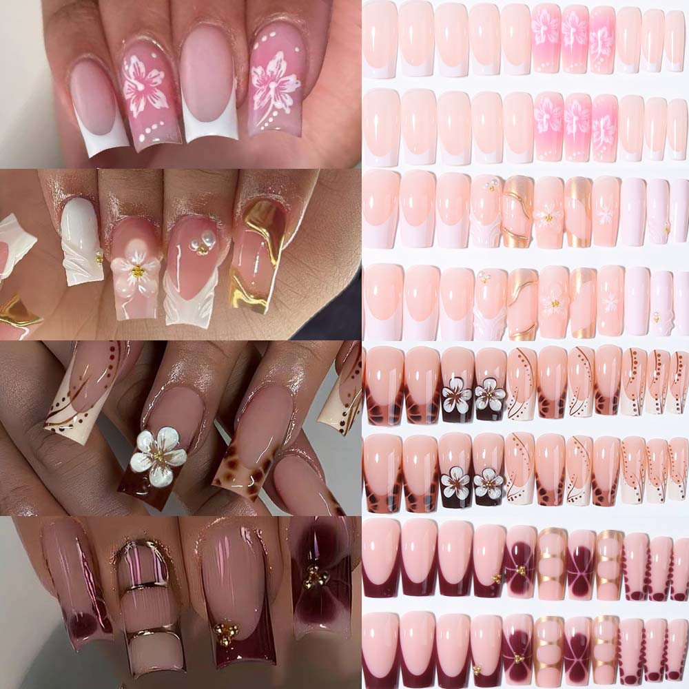 3D Printing Nails - 96個(4種類混合)3D立体ジェルネイル、フェイクパールでフラワーネイルを飾るデザイン、スクエアフレンチチップのプレスオンネイル