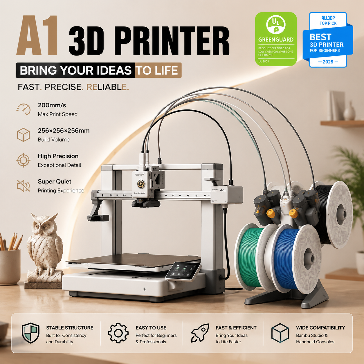 3D Printing Laboratory - Bamboo Lab A1 Combo 3Dプリンター、マルチカラーAMS Liteシステム、高速印刷500mm/s、自動校正、静音動作
