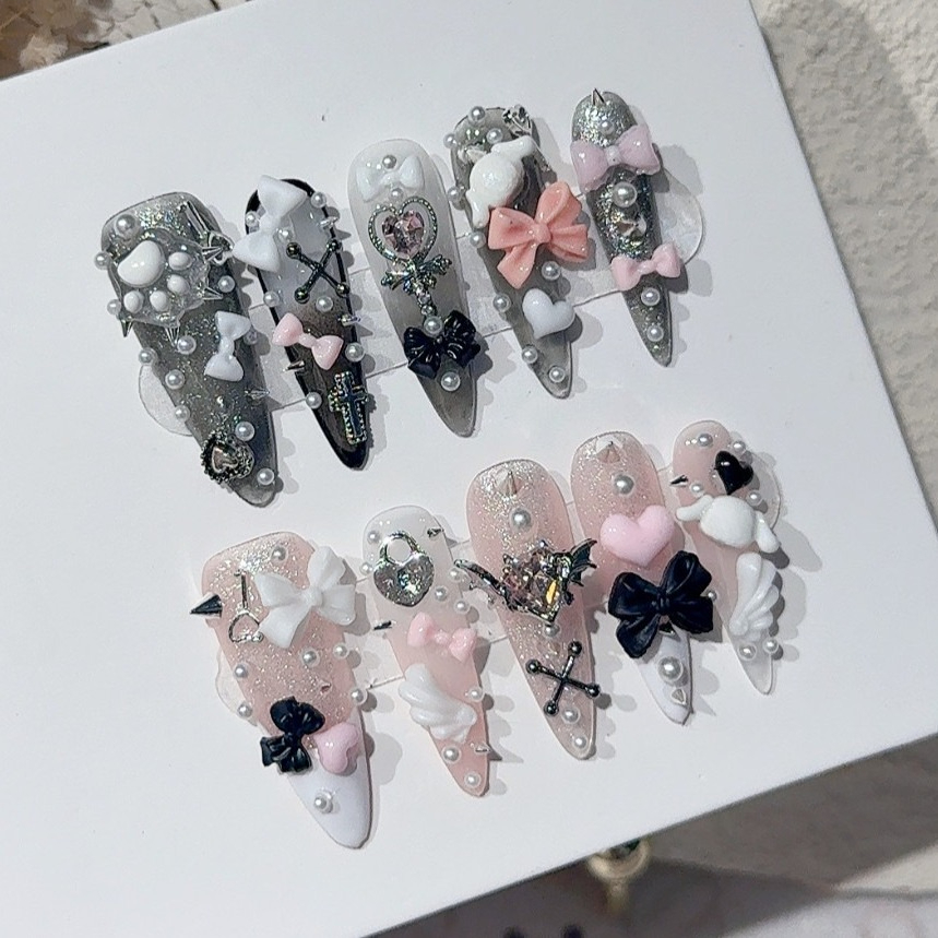 3D Printing Nails - ジライ Y2K スパイスガール ブラックピンク ロングチップ フレンチプレスオンネイル