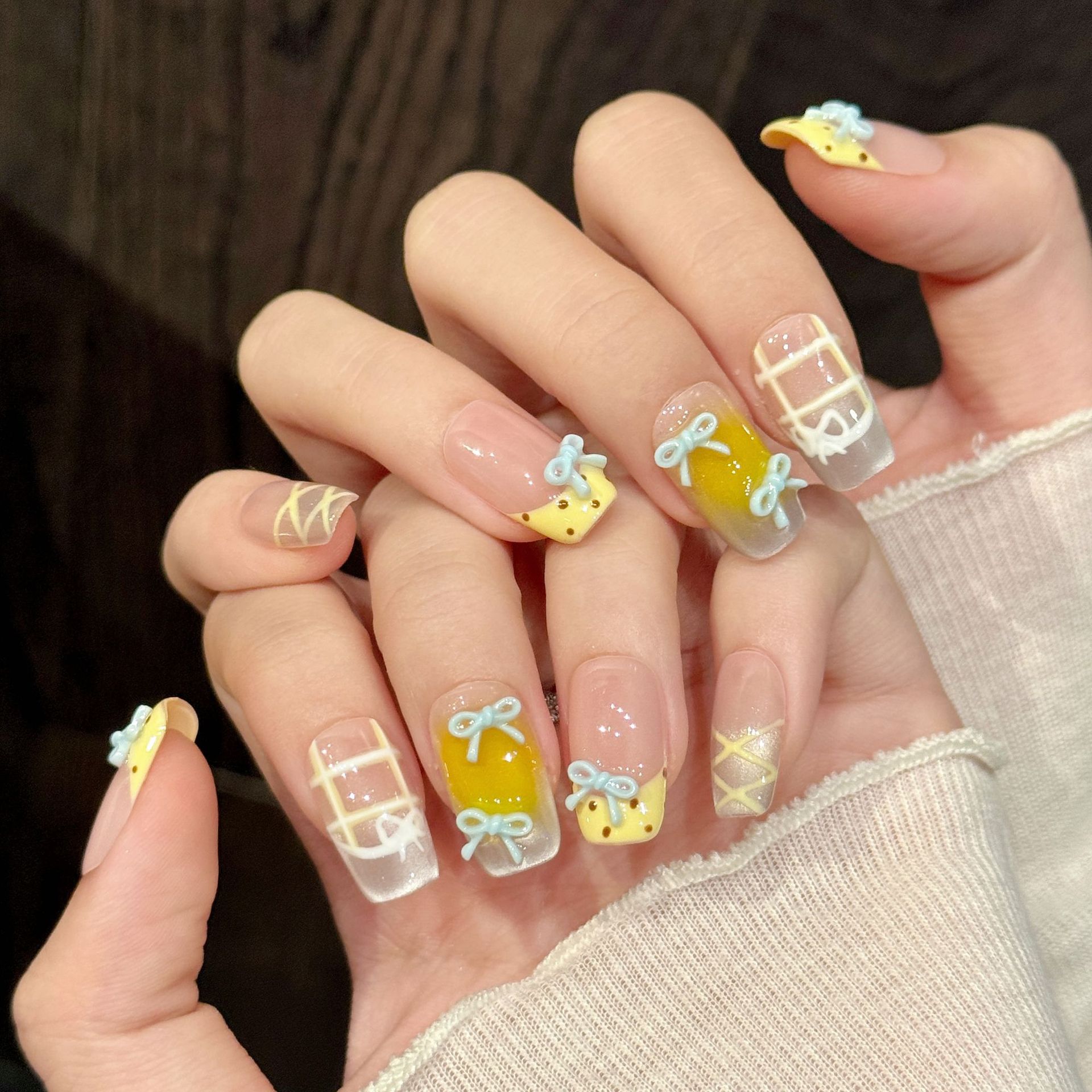 3D Printing Nails - 10個入り ハンドメイド かわいい グラデーション つけ爪 3Dリボン飾り