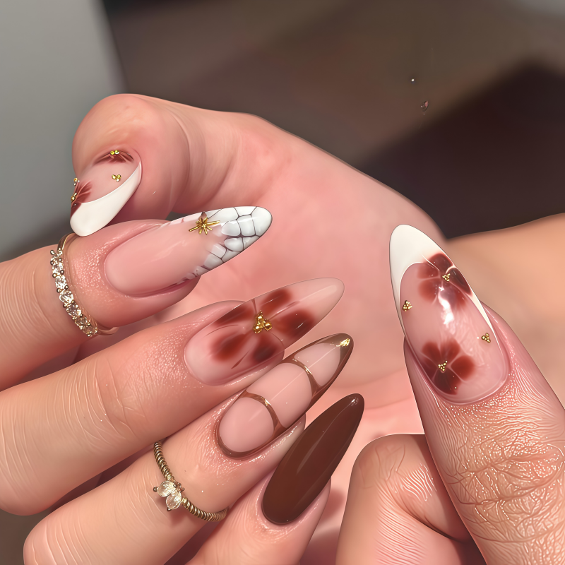 3D Printing Nails - 24枚入り 金箔入り3Dフラワーネイルチップ ブラックフレンチレオパード柄 つけ爪 ミディアムアーモンド型 フルカバー