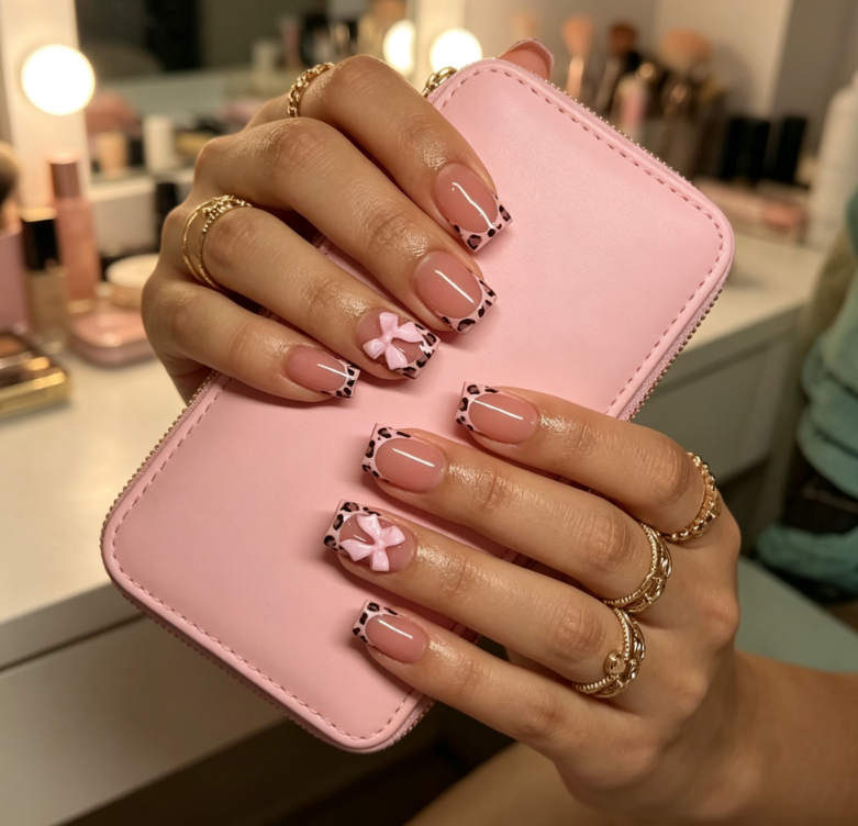 3D Printing Nails - ピンクのレオパード柄フレンチチップスクエアプレスオンネイル、3Dピンクのリボン装飾、光沢のあるヌードカラーのフェイクネイル、キュートなY2K、再利用可能なスティックオンネイル、女性用デイリーマニキュア