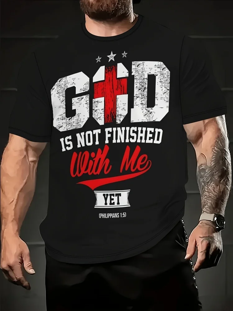 3D Printing Verse - ファッションメンズ「神は私に仕事が残している」プリントTシャツ、聖句入り、ヴィンテージカジュアル半袖トップス、トレンドストリートウェア