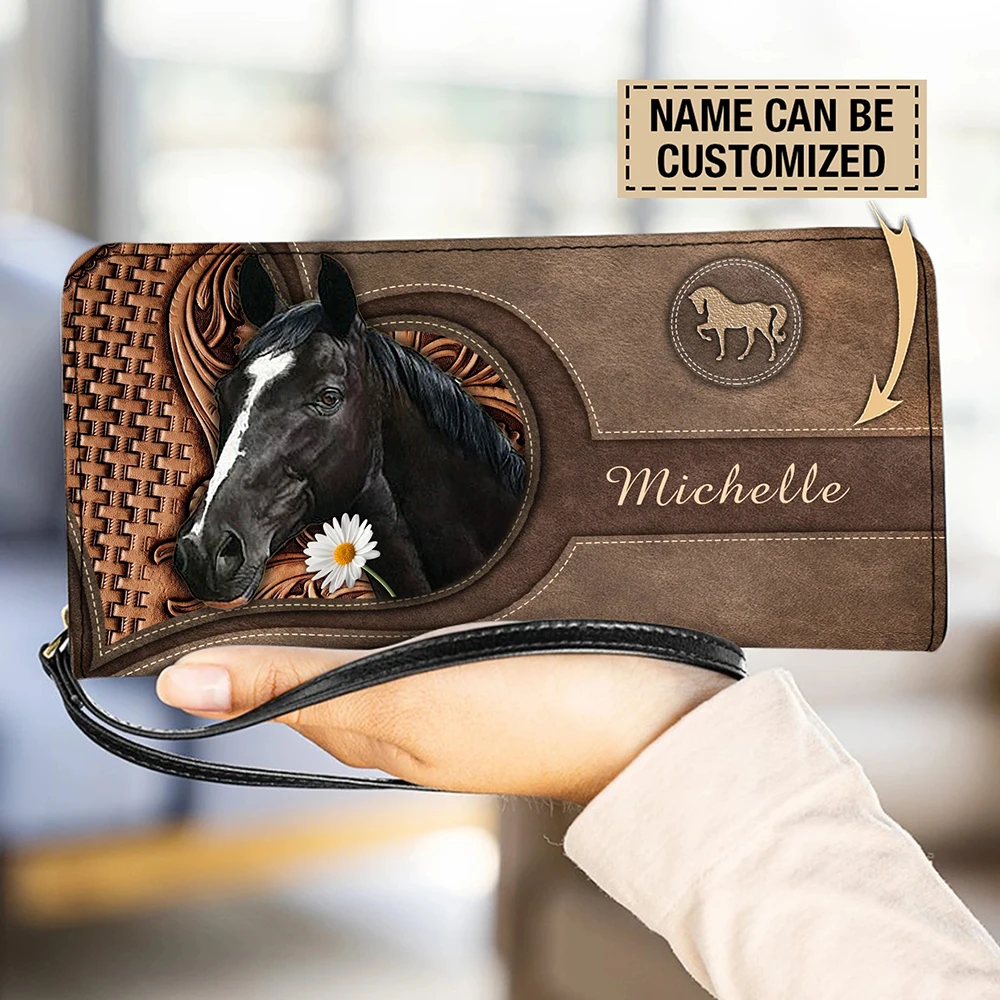3D Printing Holder - 高級ブランド財布女性用動物馬 3D プリント長財布マネーバッグレザー名刺ホルダーパーソナライズされた名前クラッチ