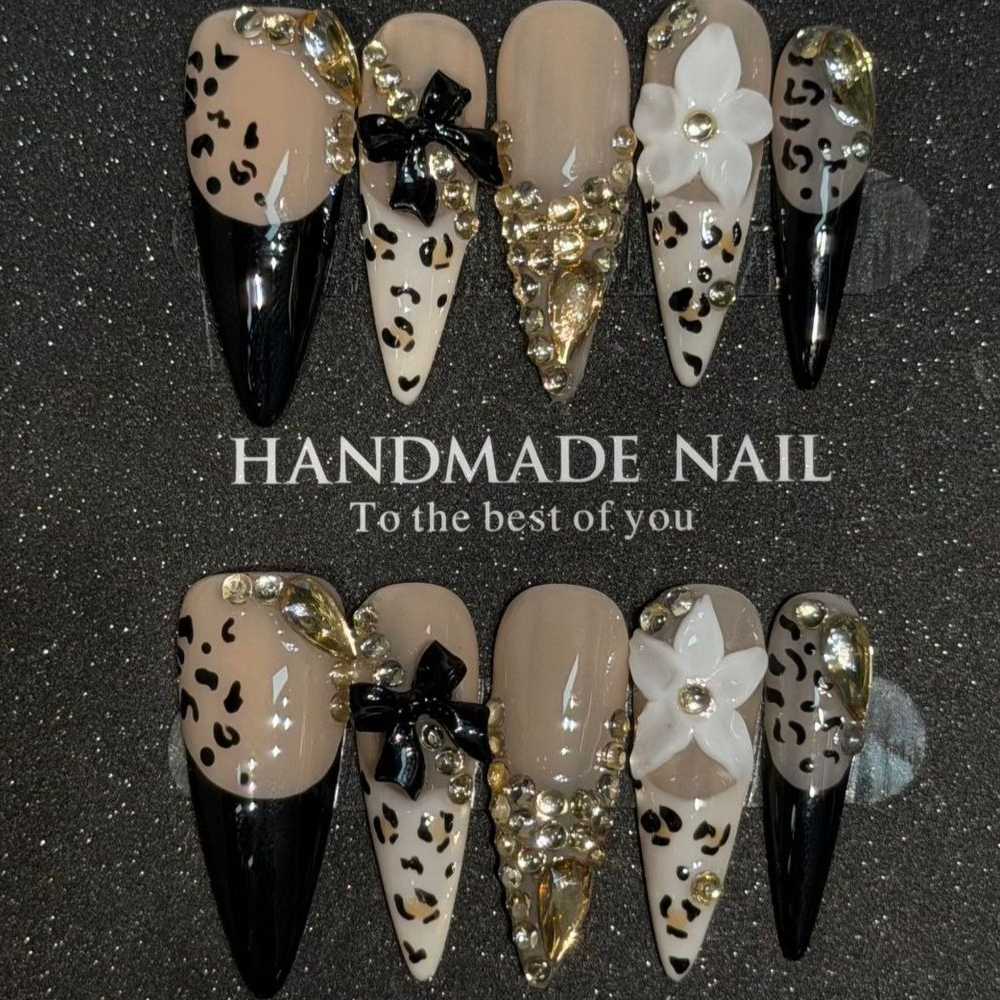 3D Printing Nails - 10個入り レオパード柄 フレンチスティレット ハンドメイド つけ爪 スパイシーガールズ