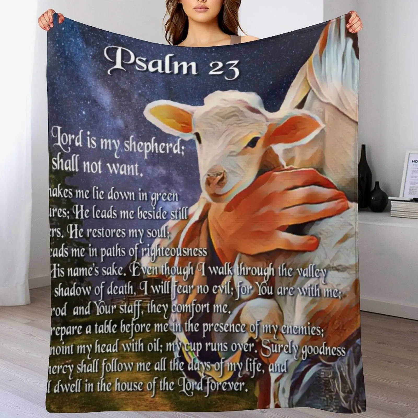 3D Printing Verse - 詩篇 23 篇 聖書の一節を描いたスローブランケット 暖かいフランネルブランケット ソファチェア寝室用
