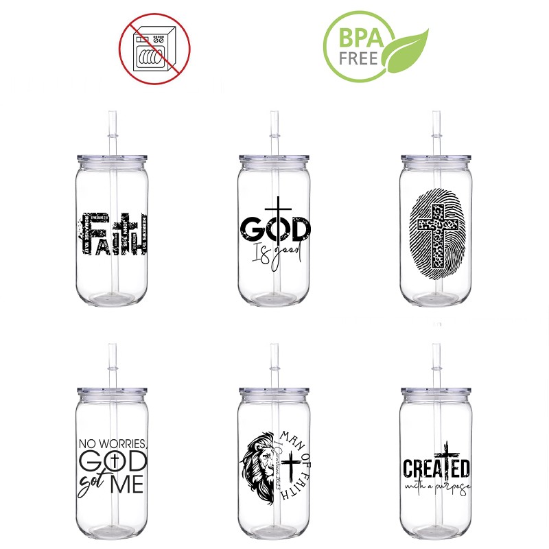 3D Printing Verse - プラスチック製のストローカップ,黒い文字,3D印刷,転写,ストローと蓋付き,環境保護,聖書の一節