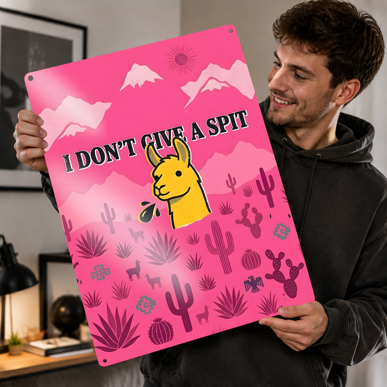 3D Printing Quote - ラマが吐き出す面白い言葉「I DON'T GIVE A SPIT」3Dテクスチャプリントポスター、カスタムヴィンテージメタルティンプレートサイン、壁飾り、家の装飾に