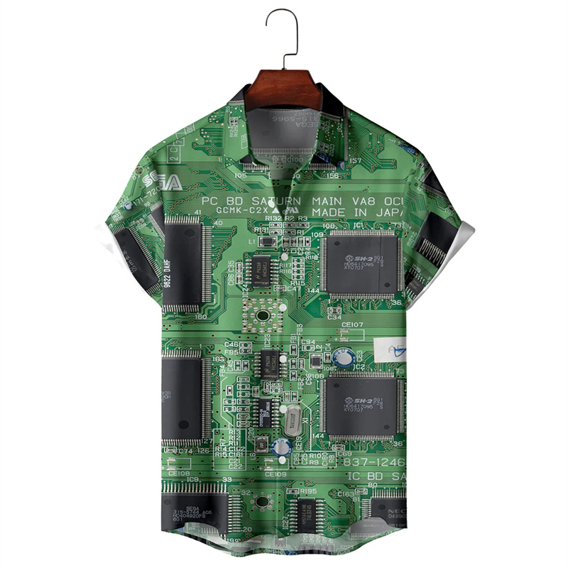 3D Printing Engineer - 男性用3Dプリント付き電子チップ,3Dヴィンテージマザーボードブラウス,作業服,半袖ボタン,男性用トップス,個性的な服