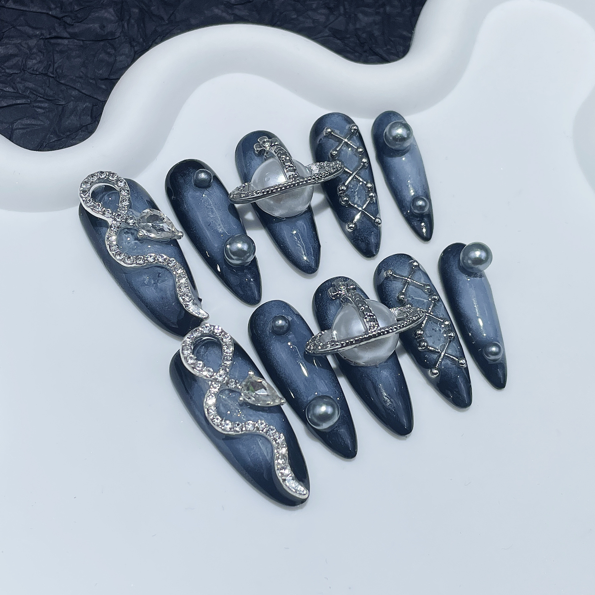 ミステリアスな宇宙柄ネイルチップ ダークブルー ダイヤモンド - 3D Printing Nails のレビューと価格