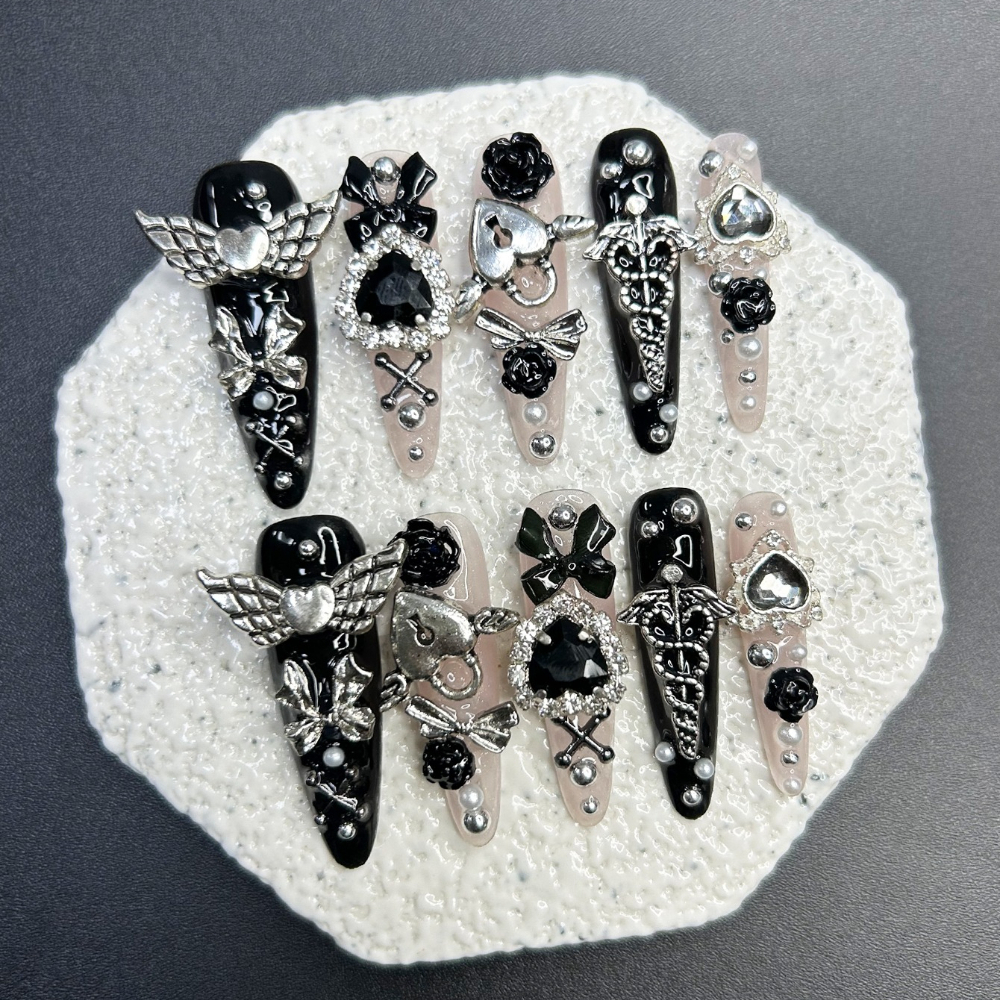 10枚入り ジライ Y2K ブラックピンク ロングチップ フ - 3D Printing Nails のレビューと価格