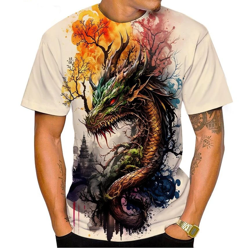 メンズドラゴンパターンTシャツ,半袖,カジュアル,快適,ラウ - 3D Printing Dragon のレビューと価格