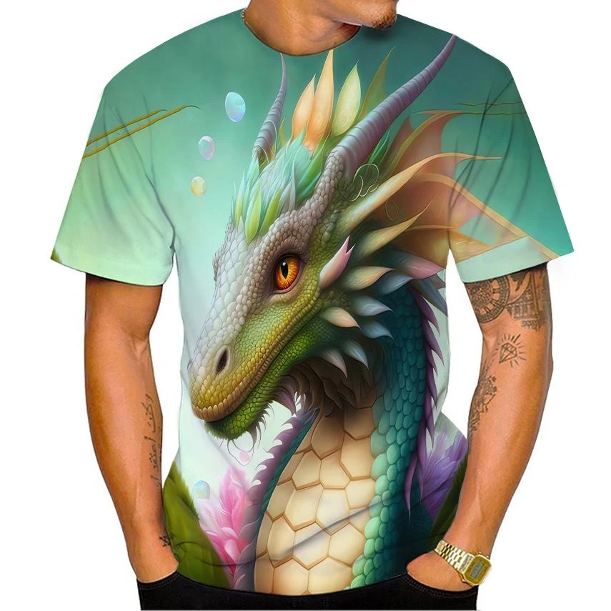 メンズドラゴンパターンTシャツ,半袖,カジュアル,快適,ラウ - 3D Printing Dragon のレビューと価格