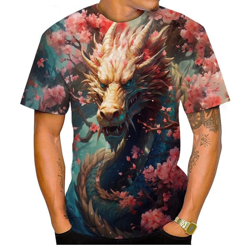 メンズドラゴンパターンTシャツ,半袖,カジュアル,快適,ラウ - 3D Printing Dragon のレビューと価格