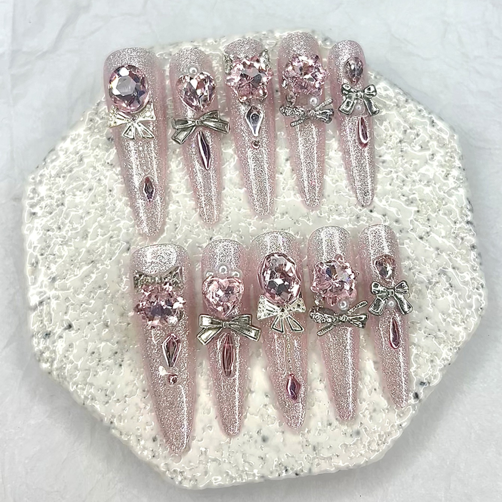高級ピンクキャットアイグリッタースティレットハンドメイドプレ - 3D Printing Nails のレビューと価格