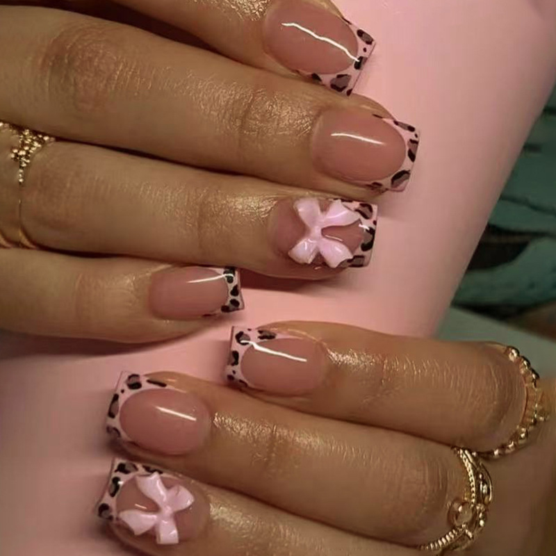 ピンクのレオパード柄フレンチチップスクエアプレスオンネイル、 - 3D Printing Nails のレビューと価格
