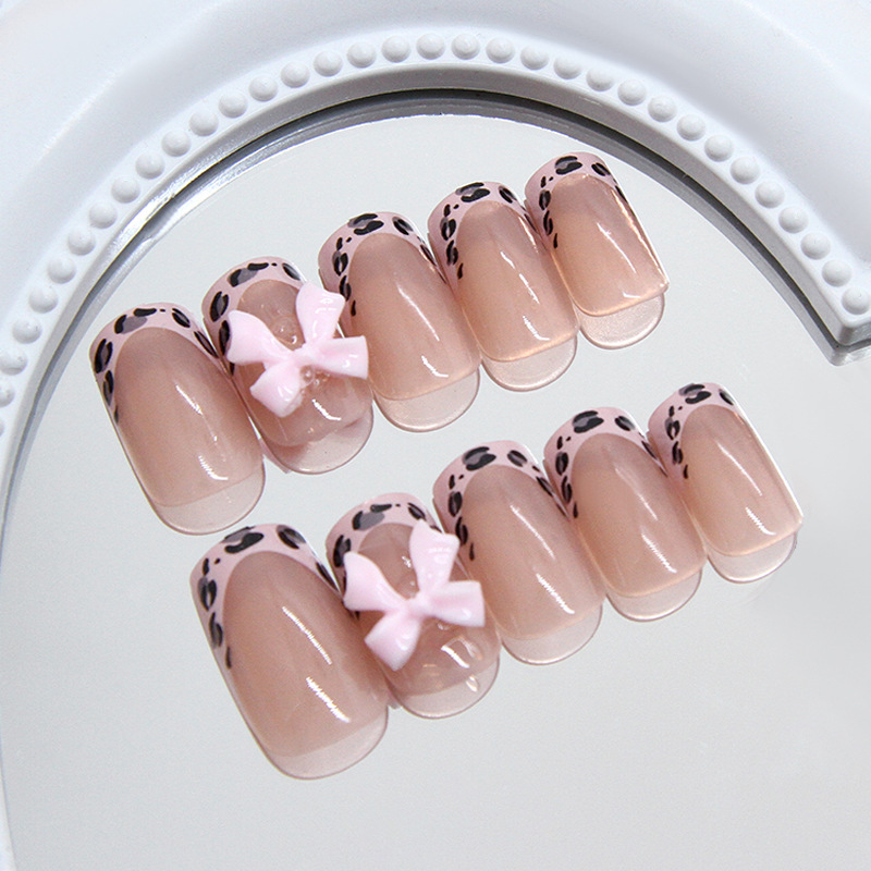 ピンクのレオパード柄フレンチチップスクエアプレスオンネイル、 - 3D Printing Nails のレビューと価格