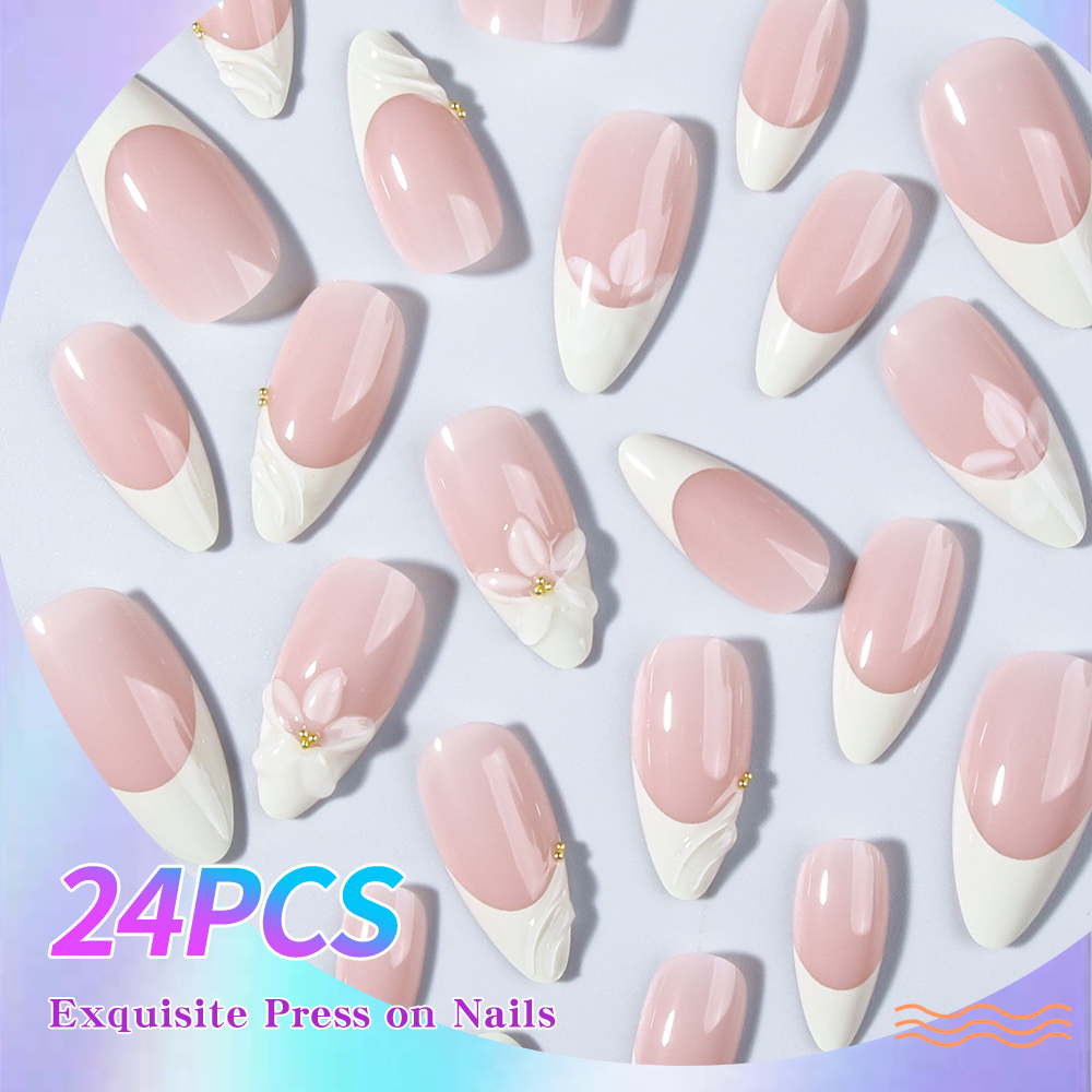 24 個のアーモンド 3D ジェルネイル クジラ柄 パールブ - 3D Printing Nails のレビューと価格