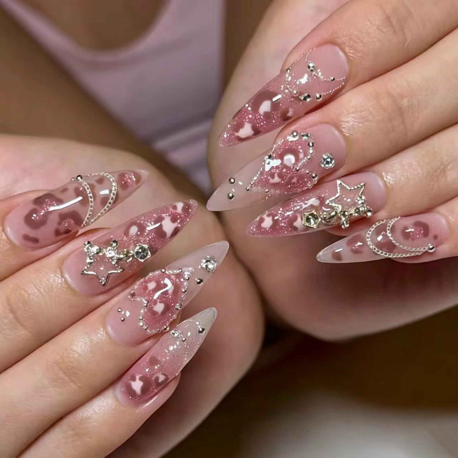 24個セット ピンクのレオパード柄スティレットネイル 3Dス - 3D Printing Nails のレビューと価格