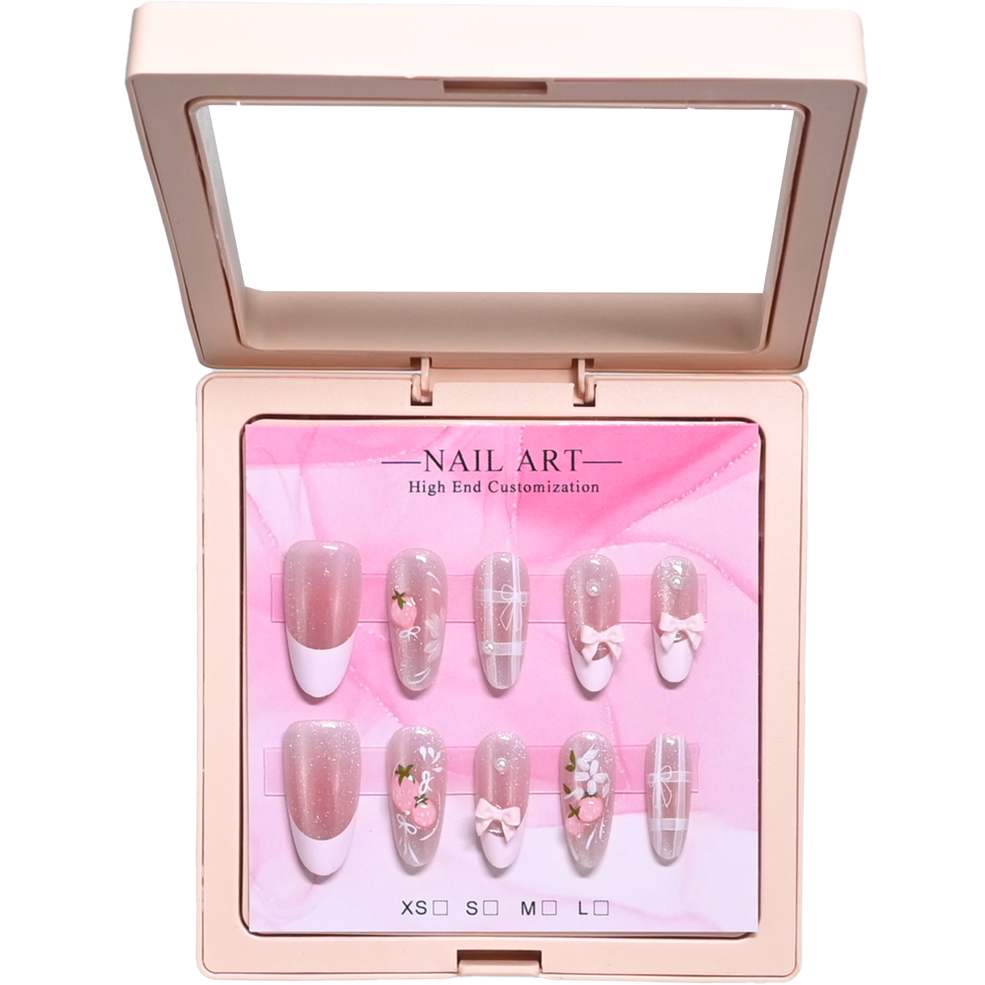 ミラーピンクのケースに入った手作りアーモンドネイル10本。  - 3D Printing Nails のレビューと価格