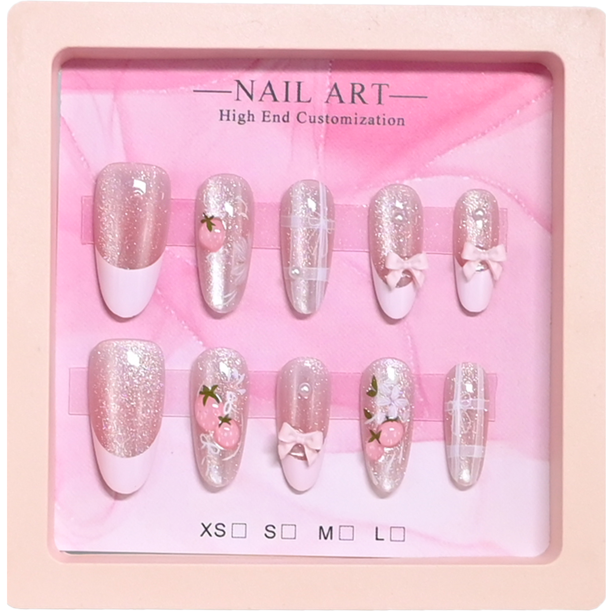 ミラーピンクのケースに入った手作りアーモンドネイル10本。  - 3D Printing Nails のレビューと価格